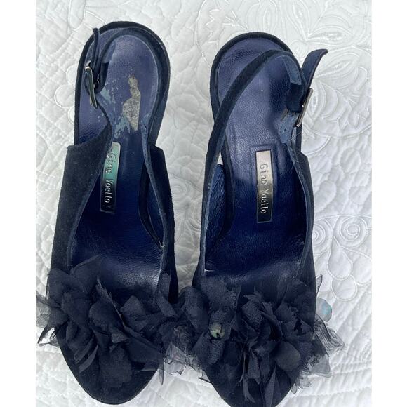 Gino Vaello Women's Size 7 Black Suede Sling Back Peek A Boo Toe Heel Pumps - Picture 4 of 10